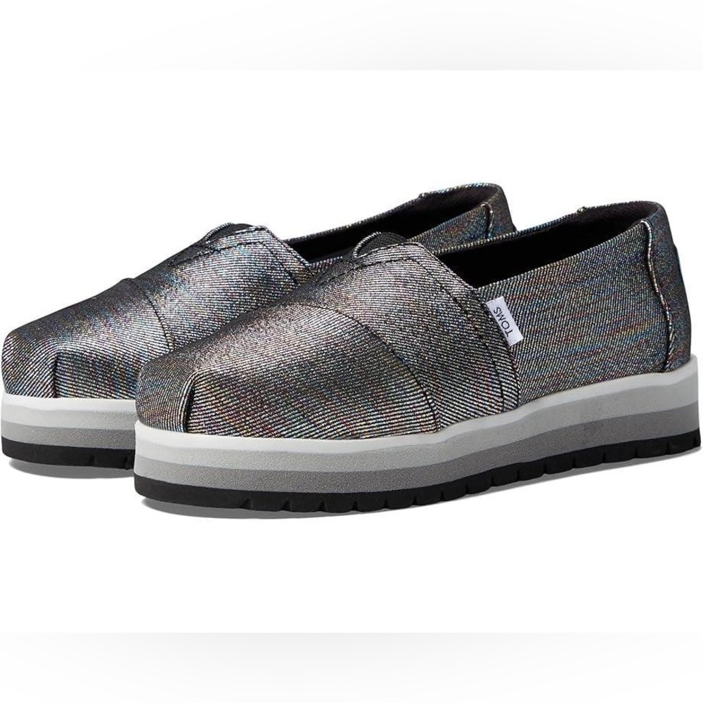 Tom’s Platform Alpargatas Kids Black Glimmer Loafer Slip-ons , 13.5, MSRP $49